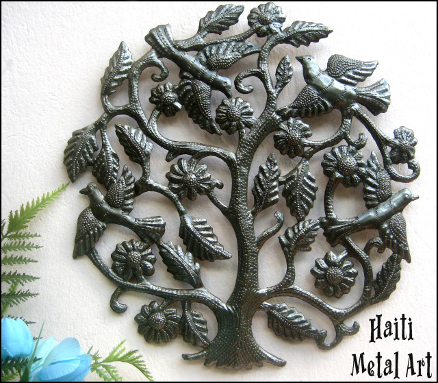 Metal Tree and Bird, Metal Tree Wall Hanging, Metal Wall Art, 24", Haitian Metal Art, Outdoor Metal 